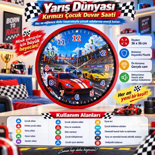 Yarış Dünyası 36 x 36 Cm Kırmızı Çocuk Duvar Saati
