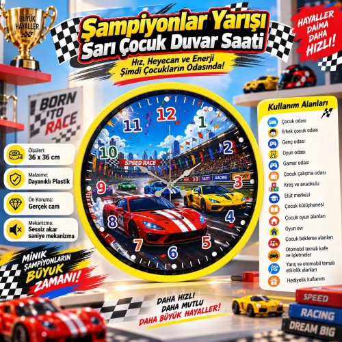 Şampiyonlar Yarışı Sarı 36 x 36 Cm Çocuk Duvar Saati