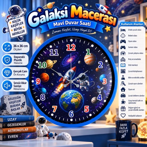 Galaksi Macerası 36 x 36 Cm Mavi Çocuk Duvar Saati