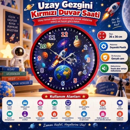 Uzay Gezgini 36 x 36 Cm Kırmızı Çocuk Duvar Saati