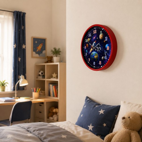 Uzay Gezgini 36 x 36 Cm Kırmızı Çocuk Duvar Saati