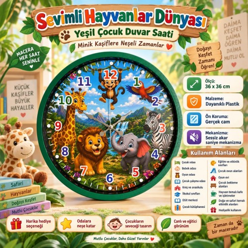 Sevimli Hayvanlar Dünyası 36 x 36 Cm Yeşil Çocuk Duvar Saati