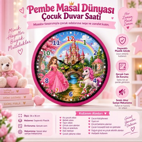 Pembe Masal Dünyası 36 x 36 Cm Çocuk Duvar Saati