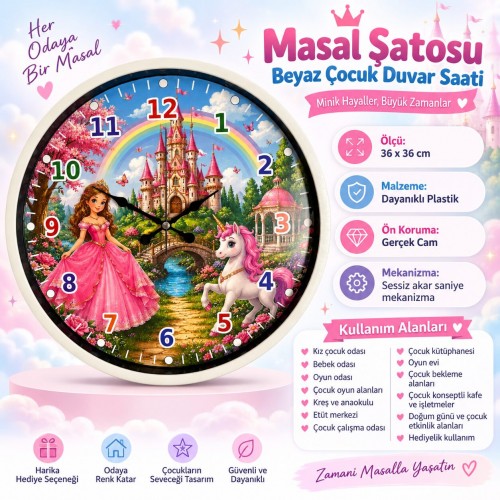 Masal Şatosu Beyaz 36 x 36 Cm Duvar Saati