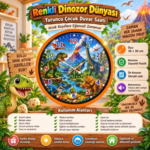 Renkli Dinazor Dünyası 36 x 36 Cm Turuncu Çocuk Duvar Saati