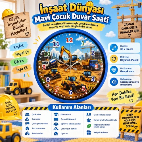 İnşaat Dünyası Mavi 36 x 36 Cm Çocuk Duvar Saati