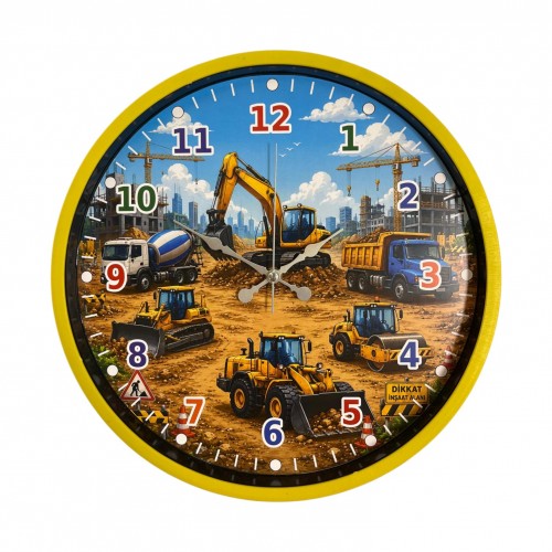 İnşaat Kahramanları 36 x 36 Cm Sarı Çocuk Duvar Saati